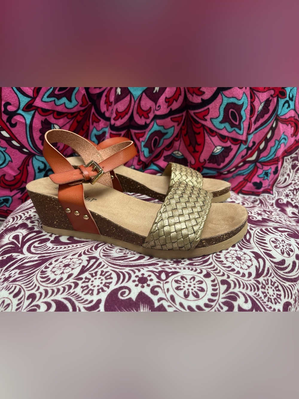 Bjorndal Gold Woven Front with Tan Ankle Strap Wedge Sandals